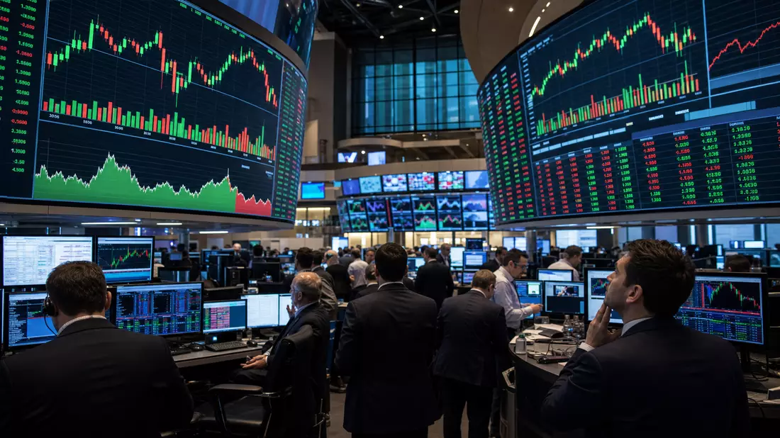 Trading-Floor mit großen Bildschirmen und Halbleiter-Aktienkursdiagrammen