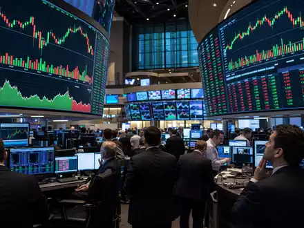 Börsen-Editorial zeigt Trading-Floor mit Halbleiter-Charts, passend zur Notierung von Synopsys Inc. (ISIN US8716071076) Technologiebörse - Foto: THN
