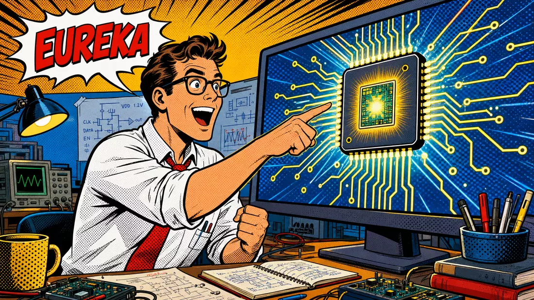 Pop-Art-Comic eines begeisterten Ingenieurs vor einem leuchtenden Mikrochip-Bildschirm