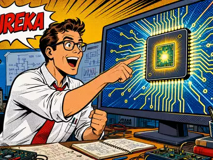 Pop-Art-Comic zeigt begeisterten Ingenieur vor leuchtendem Mikrochip, künstlerische Hommage an Synopsys Inc. (ISIN US8716071076) Chipdesign-Innovation - Foto: THN