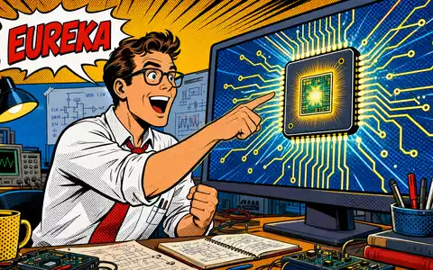 Pop-Art-Comic zeigt begeisterten Ingenieur vor leuchtendem Mikrochip, künstlerische Hommage an Synopsys Inc. (ISIN US8716071076) Chipdesign-Innovation - Foto: THN
