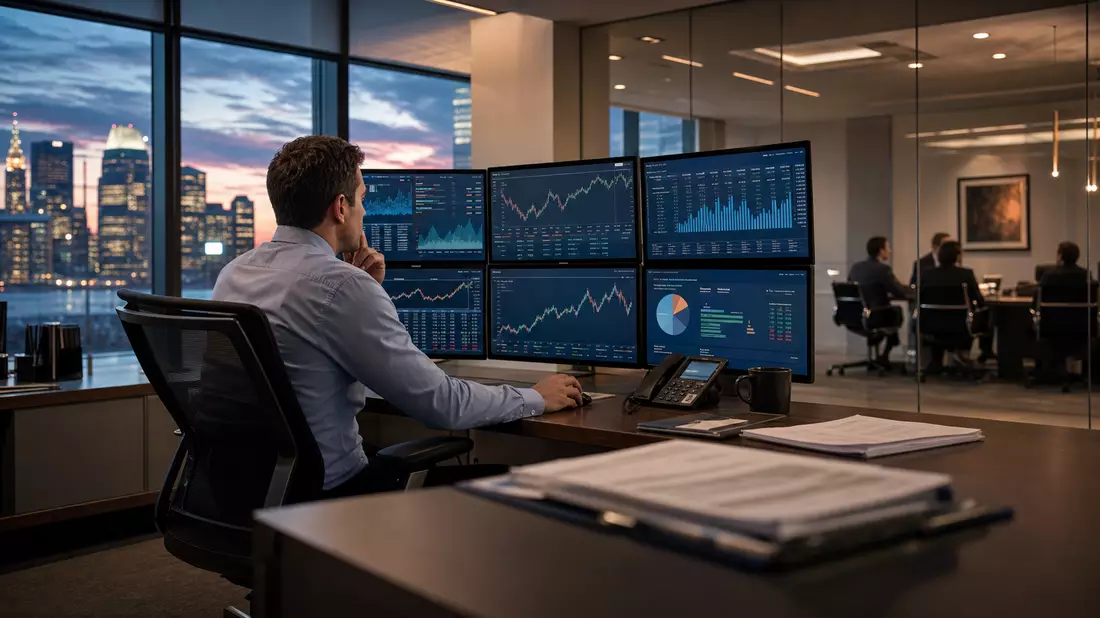 Analyst an mehreren Bildschirmen mit Börsencharts in modernem Büro bei Dämmerung