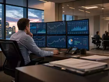 Fotorealistisches Büromotiv zeigt Finanzanalyst an Monitoren, passend zu T. Rowe Price Group, ISIN US74144T1088, Vermögensverwaltung - Foto: THN