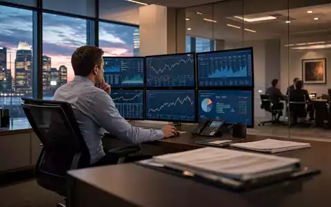 Fotorealistisches Büromotiv zeigt Finanzanalyst an Monitoren, passend zu T. Rowe Price Group, ISIN US74144T1088, Vermögensverwaltung - Foto: THN