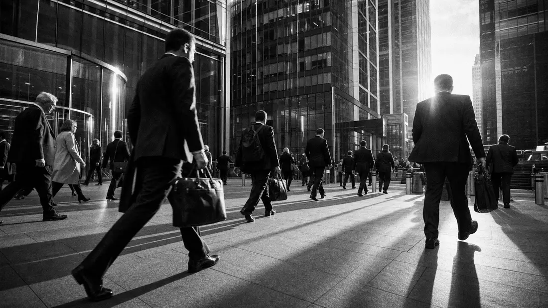Dokumentarische Schwarzweißaufnahme von Pendlern vor Glasfassaden im Finanzviertel