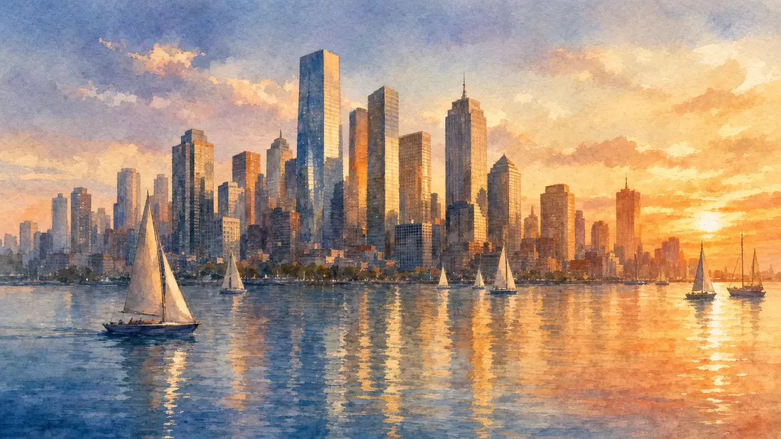 Aquarellillustration einer Skyline mit Segelbooten bei Sonnenuntergang am Wasser