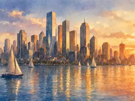 Aquarellgemälde einer Hafenstadt-Skyline symbolisiert Finanzzentrum von T. Rowe Price Group, ISIN US74144T1088, Vermögensverwaltung - Foto: THN