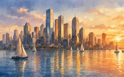 Aquarellgemälde einer Hafenstadt-Skyline symbolisiert Finanzzentrum von T. Rowe Price Group, ISIN US74144T1088, Vermögensverwaltung - Foto: THN