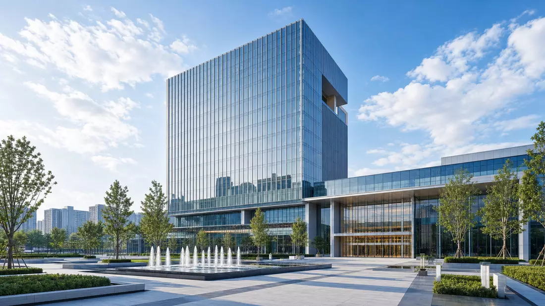 Architekturvisualisierung eines gläsernen Bürohochhauses mit Springbrunnen davor