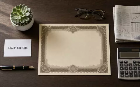 Flatlay mit Aktienzertifikat und ISIN-Karte US74144T1088 symbolisiert Investment bei T. Rowe Price Group, Vermögensverwaltung - Foto: THN