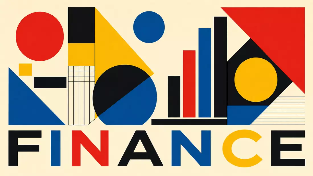 Bauhaus-Poster mit geometrischen Formen und dem Wort FINANCE in bunten Farben