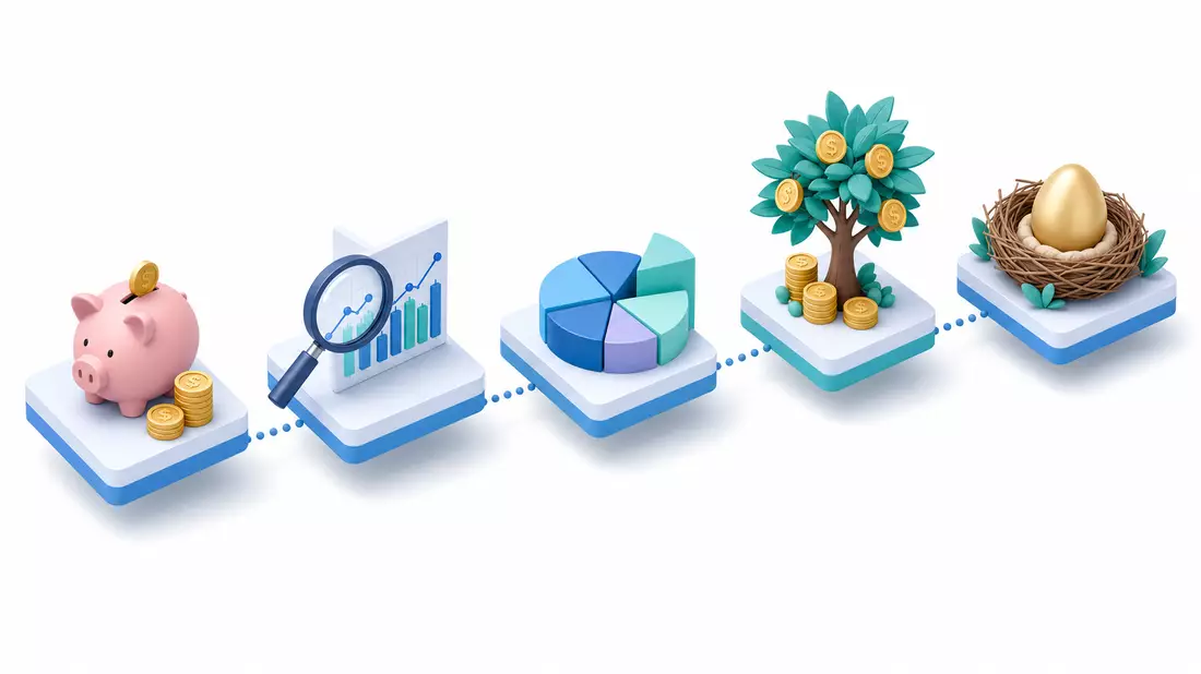 Isometrische 3D-Illustration einer Investmentkette von Sparen bis Altersvorsorge