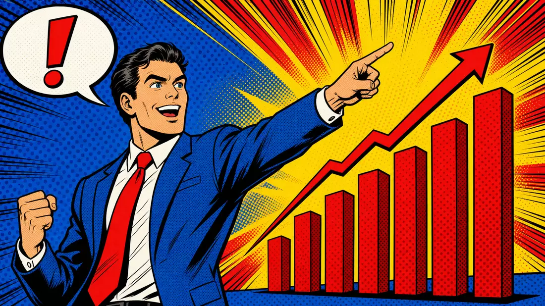 Pop-Art-Comicfigur zeigt begeistert auf einen stark ansteigenden Balkenchart