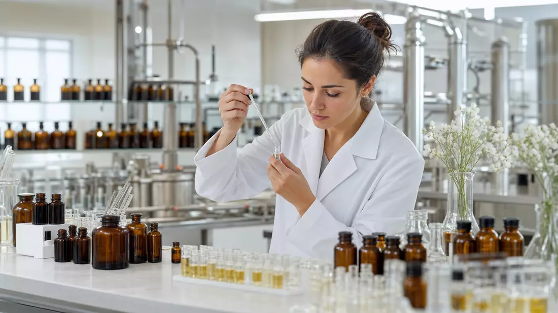 Wissenschaftlerin analysiert Duftstoffproben im Labor, Symrise AG DE000SYM9999