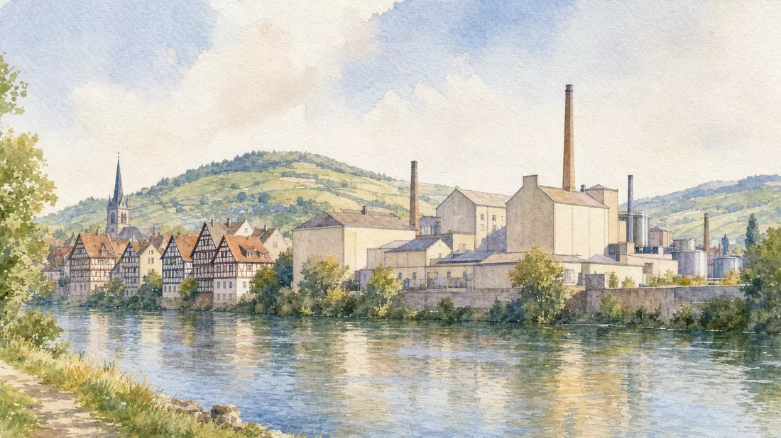 Aquarellmalerei einer deutschen Flussstadt mit Chemiefabrik, Symrise AG DE000SYM9999