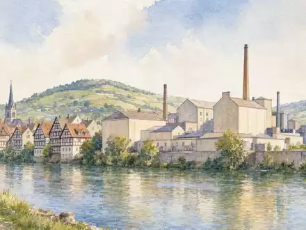 Symrise AG (DE000SYM9999) Aquarell zeigt Flussstadt Holzminden mit Fachwerkhäusern und Chemiefabrik am Ufer - Foto: THN