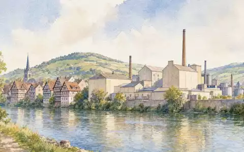 Symrise AG (DE000SYM9999) Aquarell zeigt Flussstadt Holzminden mit Fachwerkhäusern und Chemiefabrik am Ufer - Foto: THN