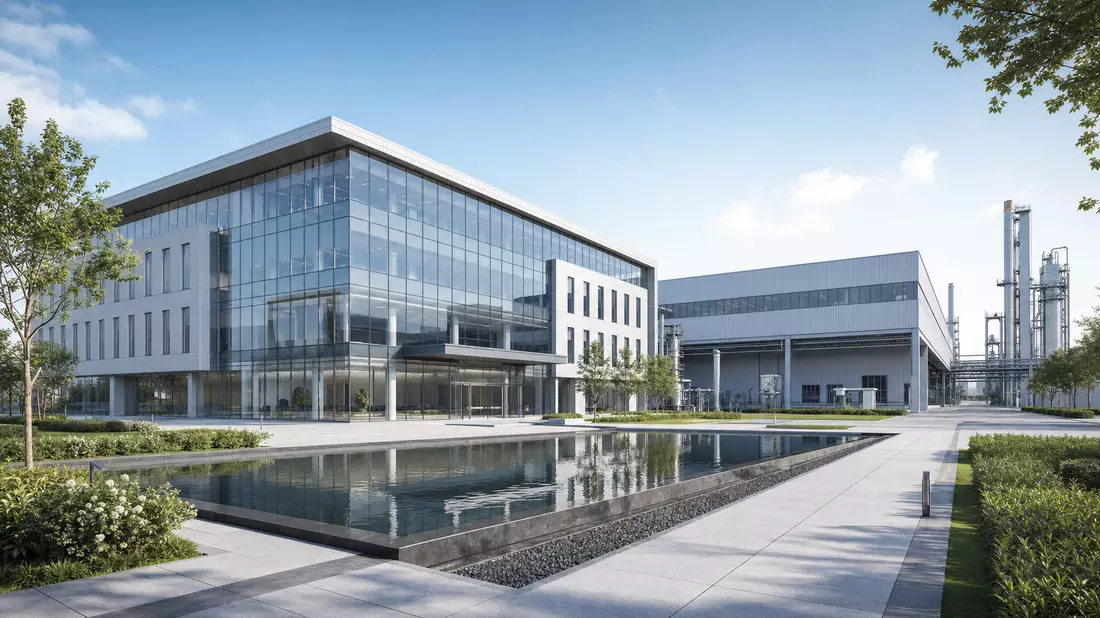 Architekturvisualisierung eines Forschungscampus mit Produktionsanlage, Symrise AG DE000SYM9999