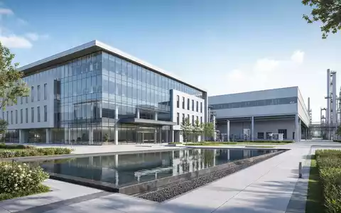 Symrise AG (DE000SYM9999) Architektur-Render präsentiert modernen Glas-Campus mit angrenzender industrieller Produktionsanlage und Wasserbecken im Vordergrund - Foto: THN