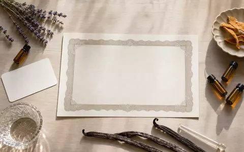 Symrise AG (DE000SYM9999) Flatlay kombiniert Aktienzertifikat, kleine Duftölfläschchen, getrocknete Vanilleschoten, Zitrusschalen und Lavendelzweige stilvoll arrangiert - Foto: THN