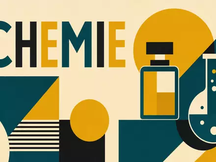 Symrise AG (DE000SYM9999) Bauhaus-Poster zeigt geometrische Formen, Parfümflakon und Text CHEMIE stilisiert - Foto: THN