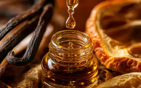Symrise AG (DE000SYM9999) Makroaufnahme fängt goldenen Öltropfen über Glasfläschchen mit Vanille und Zitrus ein - Foto: THN