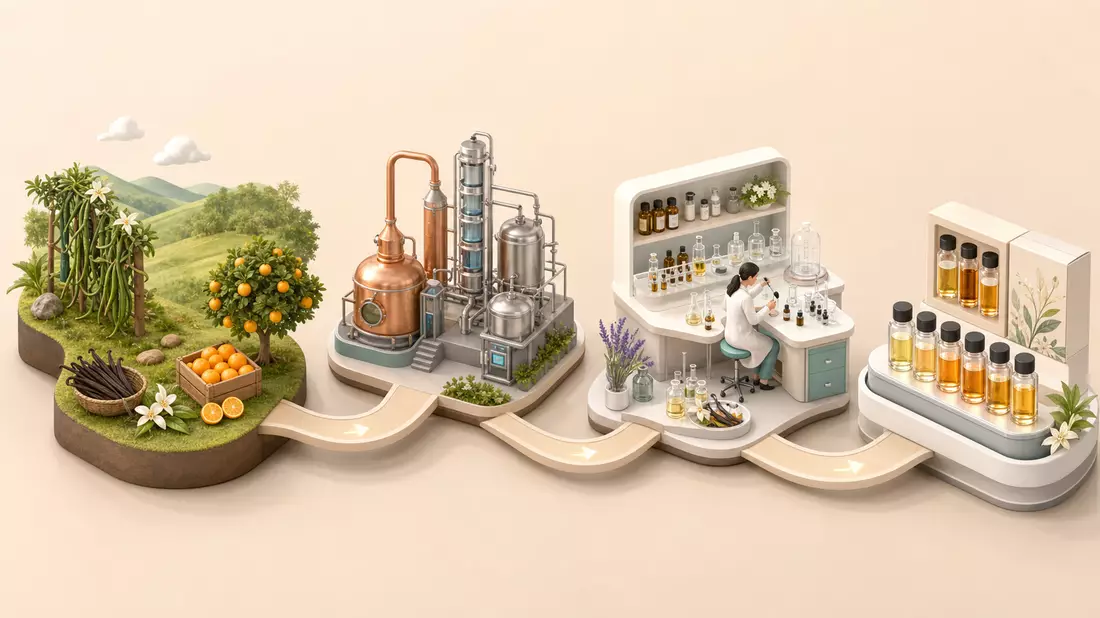 Isometrische 3D-Grafik der Wertschöpfungskette von Duftstoffen, Symrise AG DE000SYM9999