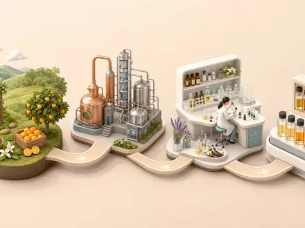 Symrise AG (DE000SYM9999) isometrisches 3D-Diagramm visualisiert Wertschöpfungskette von Rohstoffernte über Destillation bis zum fertigen Duftstoff-Fläschchen - Foto: THN