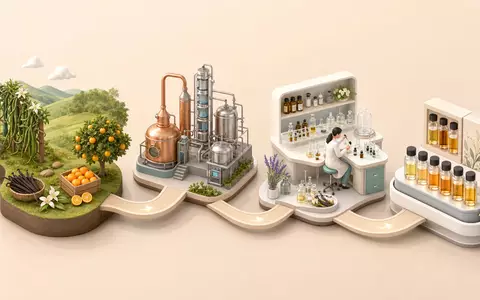 Symrise AG (DE000SYM9999) isometrisches 3D-Diagramm visualisiert Wertschöpfungskette von Rohstoffernte über Destillation bis zum fertigen Duftstoff-Fläschchen - Foto: THN