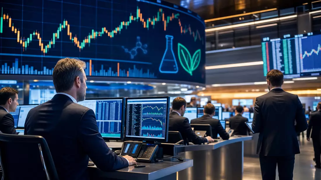 Trading-Floor mit Kurscharts und Chemiesymbolen auf Bildschirmen, Symrise AG DE000SYM9999