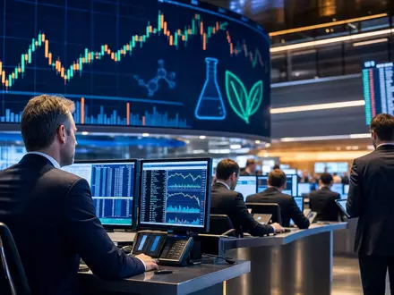 Symrise AG (DE000SYM9999) Börsen-Editorial zeigt Trading-Floor mit Charts und Chemie-Sektor-Symbolen auf Bildschirmen - Foto: THN