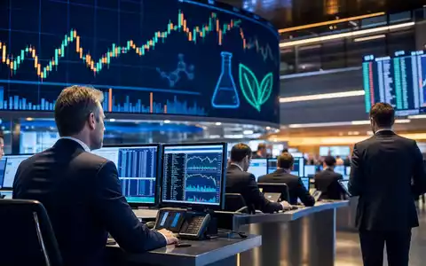 Symrise AG (DE000SYM9999) Börsen-Editorial zeigt Trading-Floor mit Charts und Chemie-Sektor-Symbolen auf Bildschirmen - Foto: THN