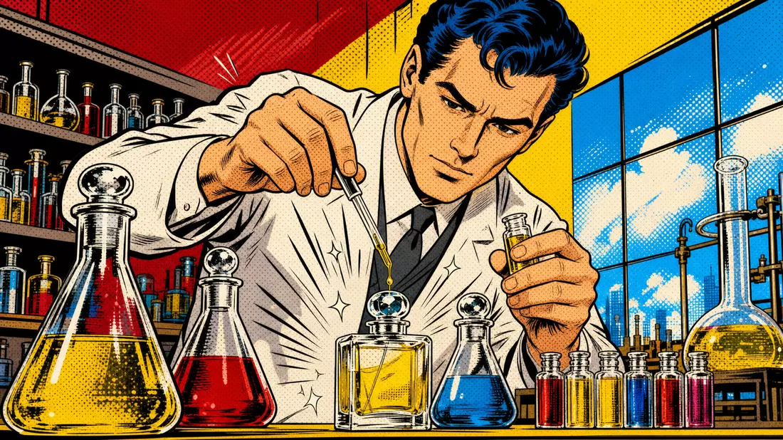 Pop-Art-Comic eines Parfümeurs beim Mischen von Duftölen im Labor, Symrise AG DE000SYM9999