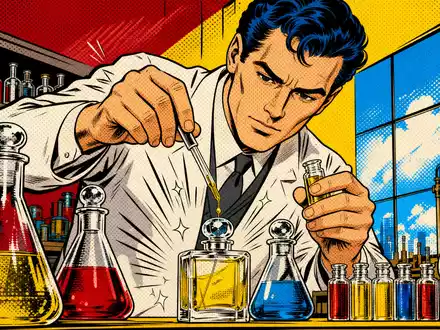 Symrise AG (DE000SYM9999) Pop-Art-Comic illustriert Parfümeur beim Mischen bunter Duftöle im Labor dynamisch - Foto: THN