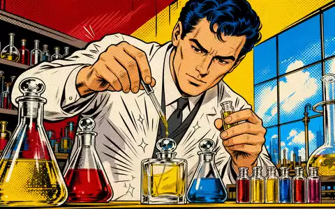 Symrise AG (DE000SYM9999) Pop-Art-Comic illustriert Parfümeur beim Mischen bunter Duftöle im Labor dynamisch - Foto: THN