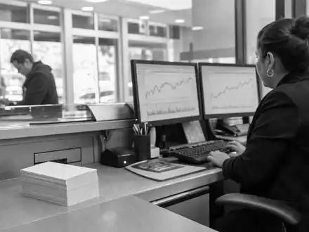 Dokumentarische Schwarzweiß-Reportage aus einem Finanzbüro symbolisiert Synchrony Financial, ISIN US87165B1035, als Kreditkartenanbieter - Foto: THN