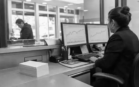 Dokumentarische Schwarzweiß-Reportage aus einem Finanzbüro symbolisiert Synchrony Financial, ISIN US87165B1035, als Kreditkartenanbieter - Foto: THN