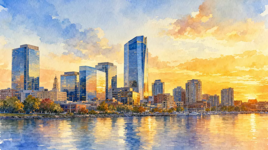 Aquarellmalerei einer Stadtskyline mit Glastürmen im warmen Abendlicht am Wasser