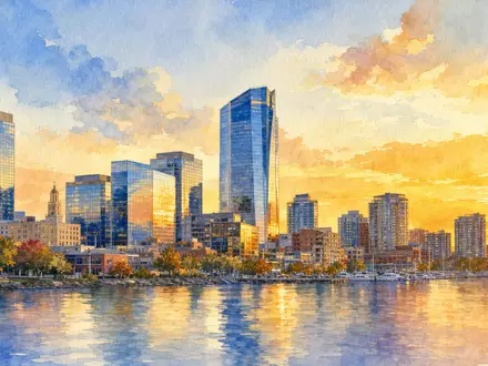 Aquarellbild einer US-Skyline bei Sonnenuntergang repräsentiert den Firmensitz von Synchrony Financial, ISIN US87165B1035 - Foto: THN