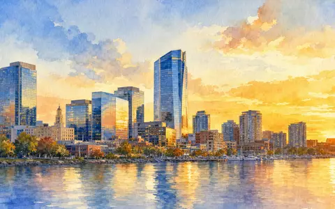 Aquarellbild einer US-Skyline bei Sonnenuntergang repräsentiert den Firmensitz von Synchrony Financial, ISIN US87165B1035 - Foto: THN