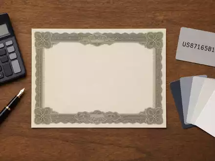 Flatlay mit Aktienzertifikat und ISIN-Karte US87165B1035 illustriert die Kapitalmarktpräsenz von Synchrony Financial anschaulich - Foto: THN