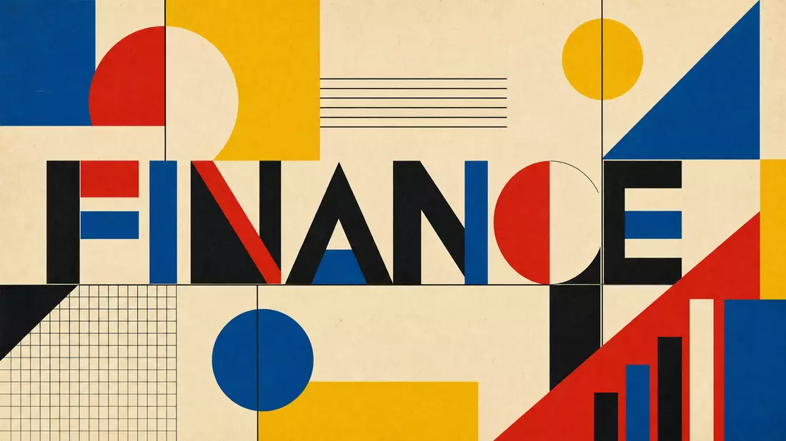 Bauhaus-Poster mit geometrischen Formen und dem Schriftzug FINANCE in Primärfarben