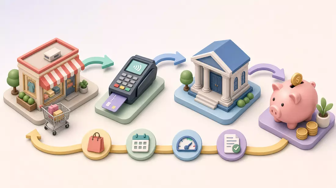 Isometrische Illustration einer Kette aus Laden, Terminal, Bank und Sparschwein