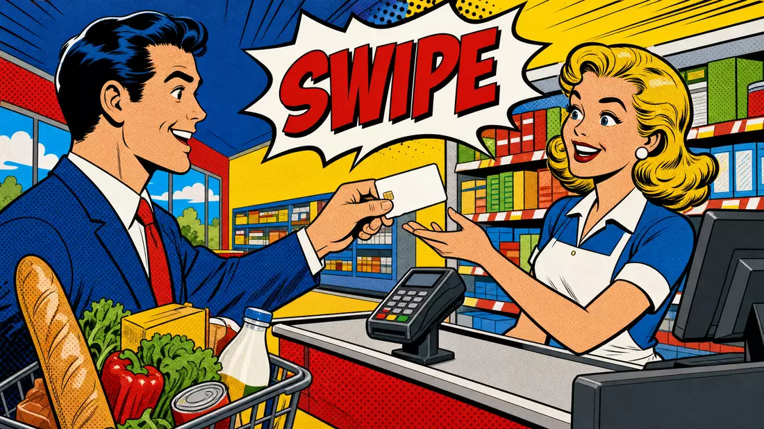 Comic-Illustration einer Kartenzahlung an der Kasse im bunten Pop-Art-Stil