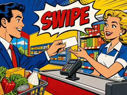 Farbenfrohe Pop-Art-Comicszene an der Kasse symbolisiert humorvoll das Geschäft von Synchrony Financial, ISIN US87165B1035 - Foto: THN