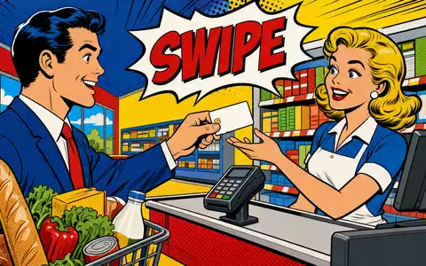 Farbenfrohe Pop-Art-Comicszene an der Kasse symbolisiert humorvoll das Geschäft von Synchrony Financial, ISIN US87165B1035 - Foto: THN