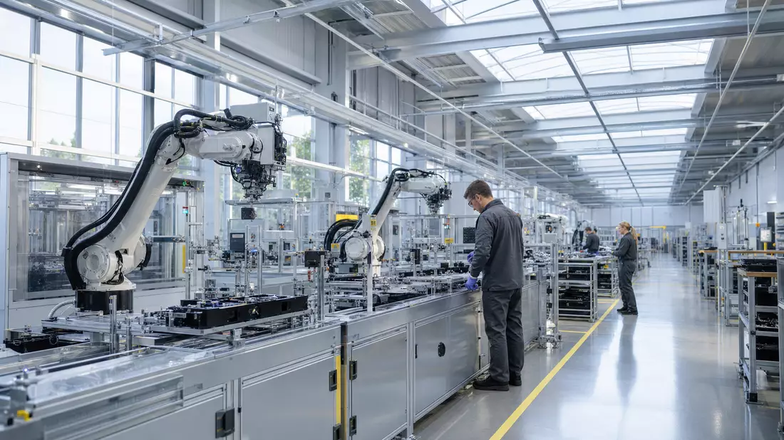 Robotergestützte Fertigungslinie in moderner Automobilzulieferer-Fabrikhalle