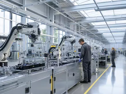 Valeo SE FR0013176526 zeigt moderne Fertigungshalle mit Robotern fĂŒr Sensor- und Elektronikmontage in Automobilzulieferer-Werk - Foto: THN
