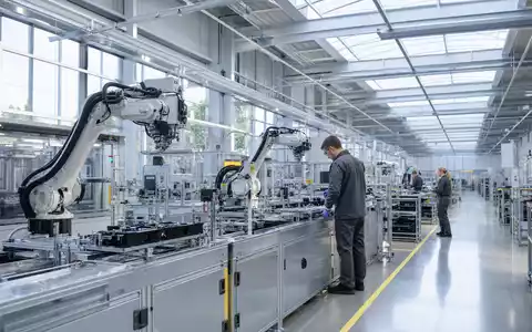 Valeo SE FR0013176526 zeigt moderne Fertigungshalle mit Robotern für Sensor- und Elektronikmontage in Automobilzulieferer-Werk - Foto: THN