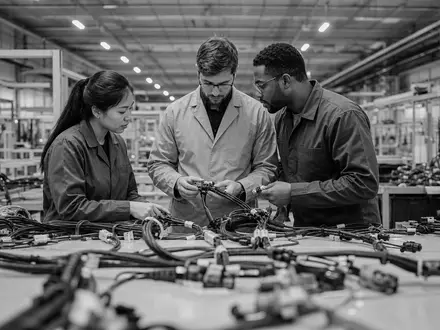 Valeo SE FR0013176526 dokumentiert Schwarzweiß-Reportage von Ingenieuren bei Prüfung elektronischer Kabelbaum-Komponenten in Fabrik - Foto: THN